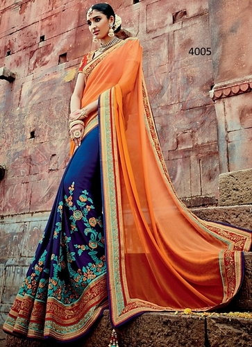 ऑरेंज और नेवी ब्लू शिफॉन और जॉर्जेट साड़ी