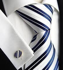Vibrant Colors Mens Tie - Striped Design in White-Blue, Ideal for Formal Occasions, Machine Washable, Skin-Friendly and Long-Lasting