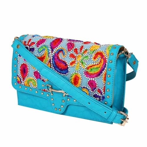 Blue Embroidered Ladies Synthetic Leather Bags