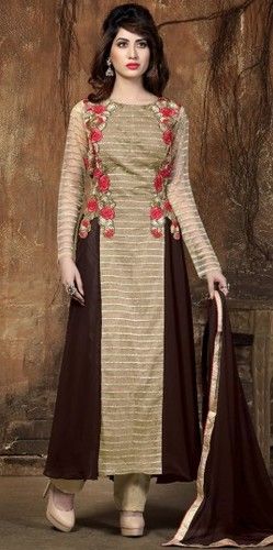 Cream Party Wear Straight Suit With Embroidered Work