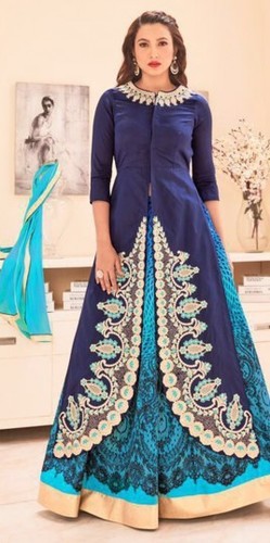 Navy Blue Silk Material Anarkali Suit