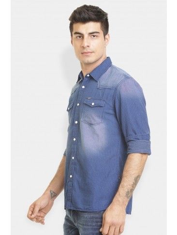 Mens Washed Out Double Pocket Indigo Shirt