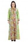 Green Tussar Multi Printed Paneled Floor Length Kurta With Black Loop Button