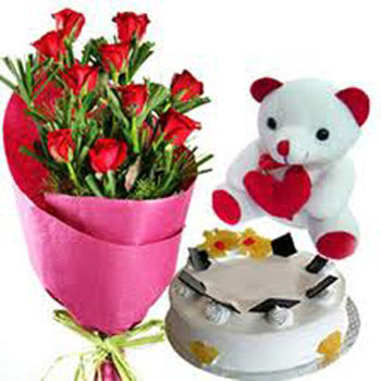 Red Roses Bouquet With Pineapple Cake And A Teddy