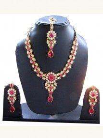 Pink Stone Studded Designer Jewellery Crystal Necklace And Earrings