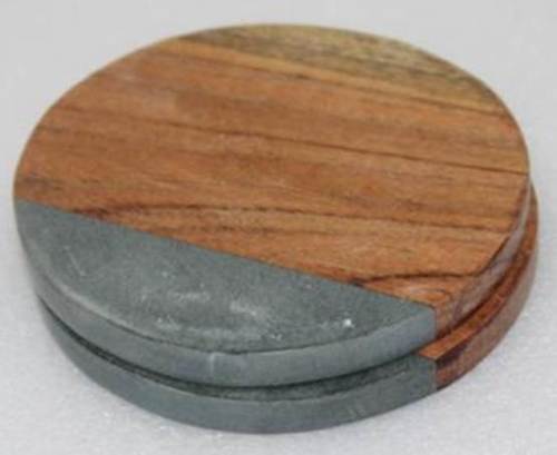 Grey Marble And Wood Coaster Set