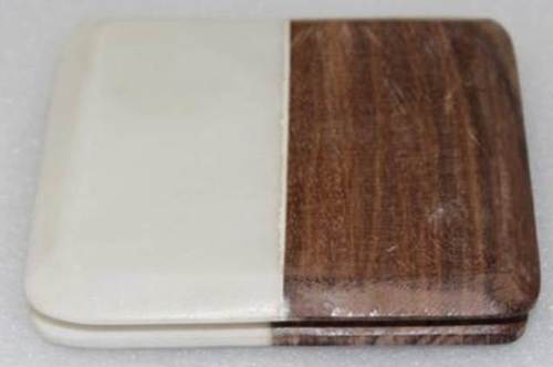 Partial Wood And White Marble Coaster Set