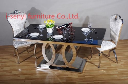  आधुनिक और अनुकूलित स्टेनलेस स्टील बेस ग्लास टॉप होम डाइनिंग टेबल और कुर्सियां 