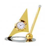 Gold Plated Pen Stand With Clock