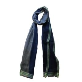 Khadi Navy Stole With A Green Striped Border