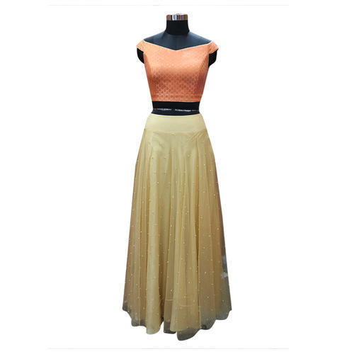 Peach Brocade Off Shoulder Crop Top And Moti Net Lehenga