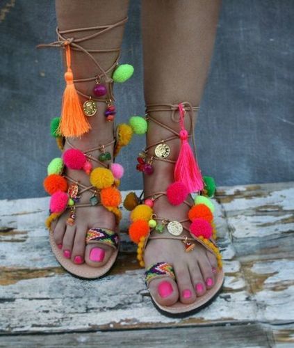 Ladies Unique Hippie Gladiator Boho Pompom Sandals