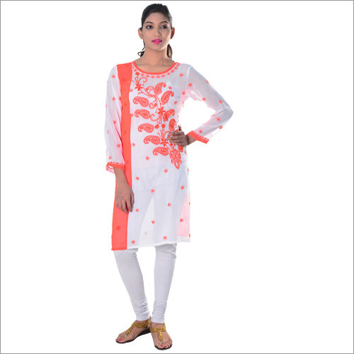 Orange On White Ladies Georgette Chikan Kurta