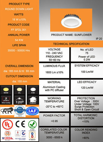 Cosmo 18W Sunflower Down Light Color Temperature: 3000 - 6500 Kelvin (K)