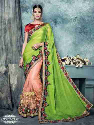 Embroidered Saree - Georgette Fabric, Customized Size, Green and Peach Color | Short Sleeves, Full Embroidery, Lace Work, Dry Cleanable