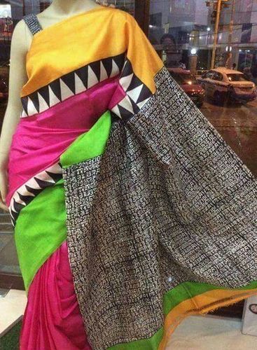 Multi Color Block Printed Designer Silk Sarees