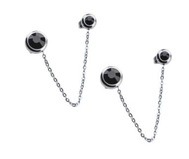 Silver Stainless Steel Black Crystal Attached Chain Studs