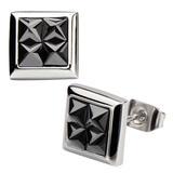 Silver Stainless Steel Four Black Pyramid Crystals Square Studs