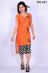 Ladies Orange And Black Cotton Printed Fancy Kurti