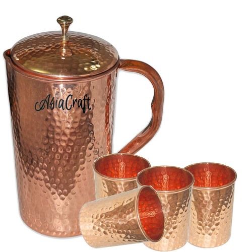 AsiaCraft Pure Copper Hammered Jug And 4 Glass Set