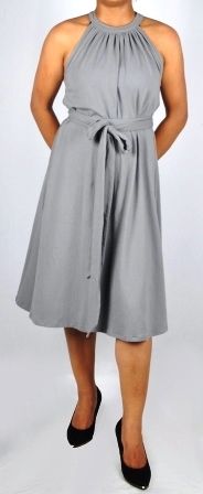 No Fade Grey Colored Ladies Gather Neck Sleeveless Dress With Belt