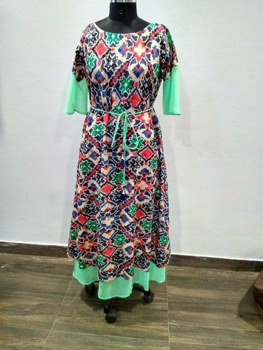 Green Designer Cotton Kurti With Trendy Layer