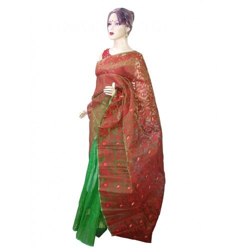 Exclusive And Traditional Bengal Dhakai Jamdani Green And Red Saree