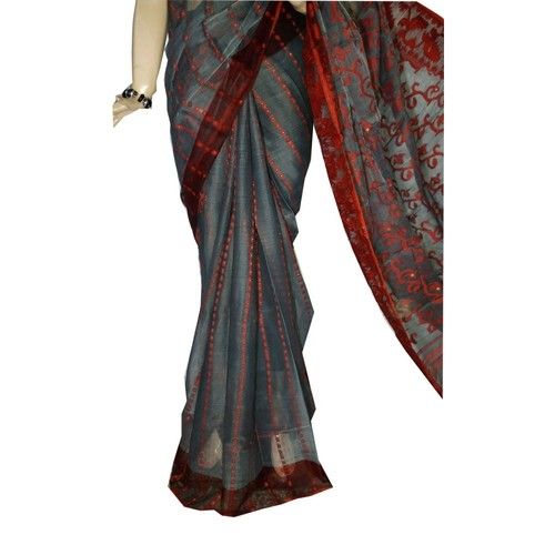 Grey and Red Resham Jamdani Saree