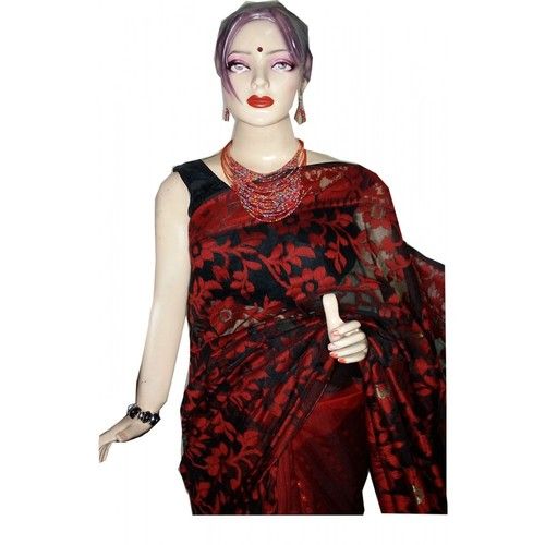 Traditional Red and Black Resham Jamdani Saree