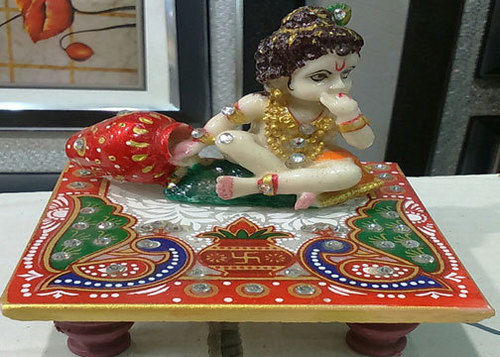 Water Resistance Multicolor Marble Krishna With Chowki - Religious Handicrafts