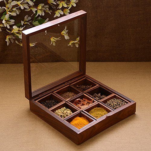 Wooden Spice Box with 9 container and 1 spoon 