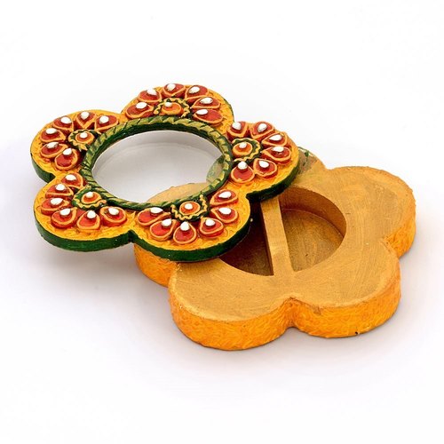 Exclusive Kundan Meenakari Flower Container - Wood, Handcrafted with Colorful Kundan on Yellow Base, Lid with Transparent Mirror | Ideal Art & Collectible Gift