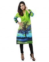 Faireno Green Tree Printed Cotton 3/4 Sleeve Kurti