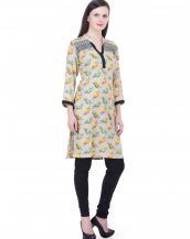 Fancy Light Yellow With Blue Flower Women Kurta Kurti