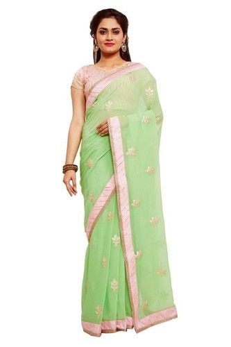 Beautifully Embellished Chiffon Saree In Green Colour