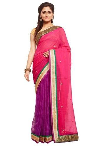 Half N Half Georgette And Net Saree In Rani And Purple Colour