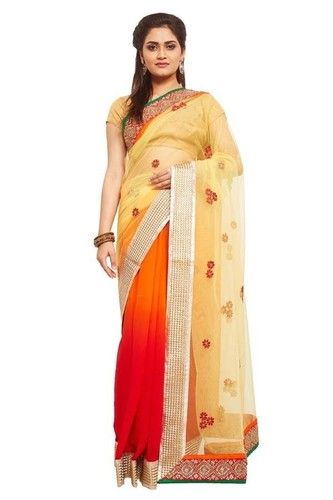 Half N Half Georgette And Net Saree In Red Orange Accuracy: 100 Gm