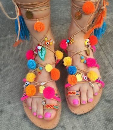 Handmade Bohemian Gladiator Pompom Strappy Sandals