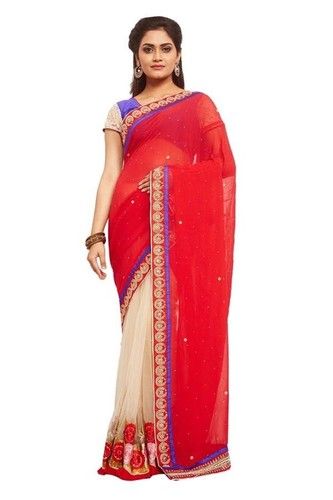 Embellished Half n Half Red and Ivory Colour Sari