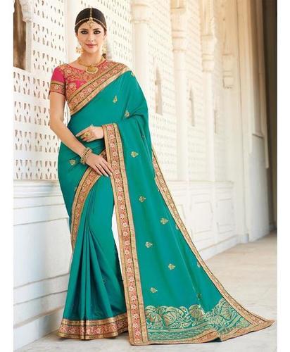 Green (3) Silk Embroidered Saree With Blouse Piece