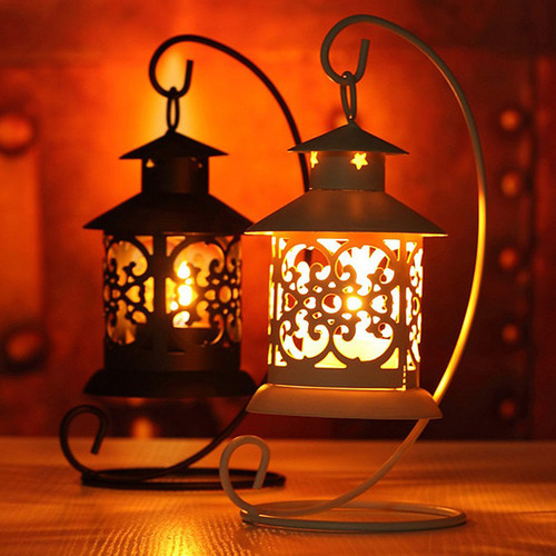 Table Lantern - Metal, Round Design | Hand Made Moroccan Motif, Energy Saving Light Source, Available in Black, White, Rose Gold, Brass Finish