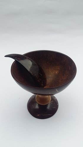 Eco Friendly Hand Made Coconut Shell Ice Cream Bowl With Spoon- Wooden Stand