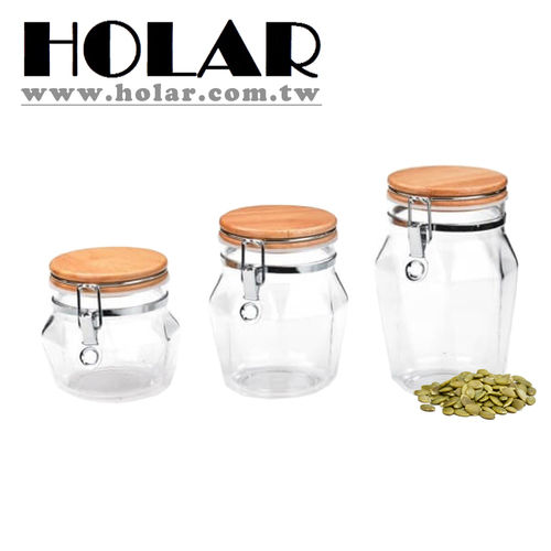 Diamond Shape Airtight Canister With Rubber Wood And Acrylic Size: S- Dia 12.5 X 11 H Cm;  M - Dia 13 X 15 H Cm;  L - Dia 13 X 18.5 H Cm