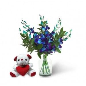 Blue Orchid Bouquet & Teddys