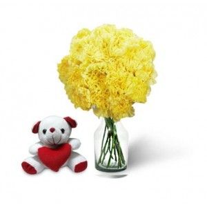Dozen Yellow Carnation Bouquet & Teddy