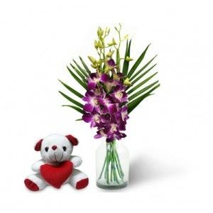 Purple Orchid Bouquet And Teddy