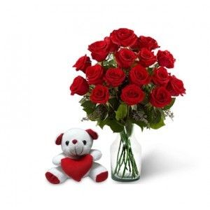 Two Dozen Red Rose Bouquet & Teddy