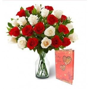 Two Dozen Red-white Rose Bouquet & Love Card