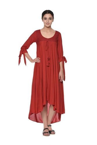 Plain Red Color Layered Long Dress