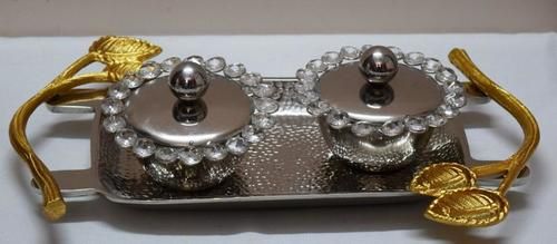 Designer Iron hammered Metal Tray with steel finish with two bowls